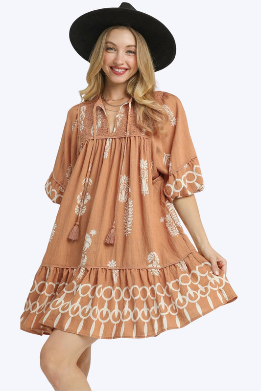 Savanna Dress – Border Print with Tassel Tie & Flowy Sleeves