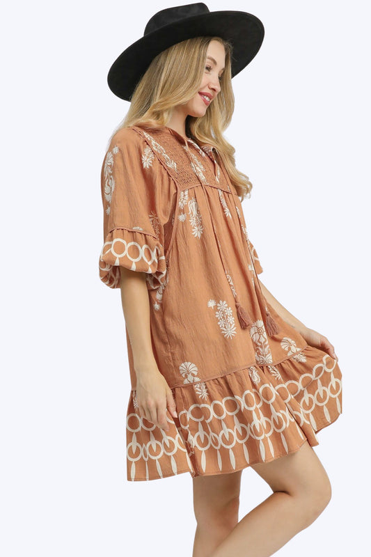 Savanna Dress – Border Print with Tassel Tie & Flowy Sleeves